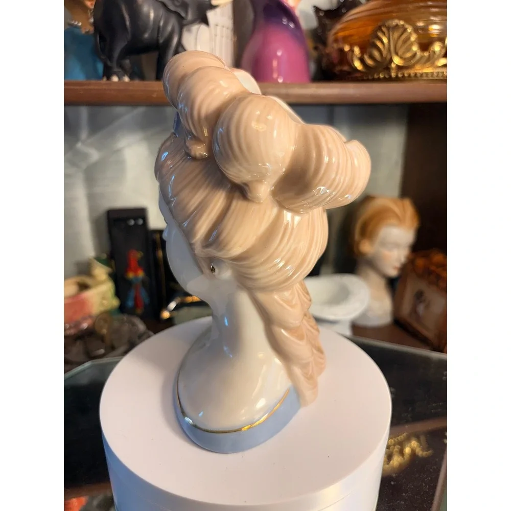 Vintage Ceramic Lady Head Vase Blue Tiara Gold Trim Peach Hair Porcelain Bust